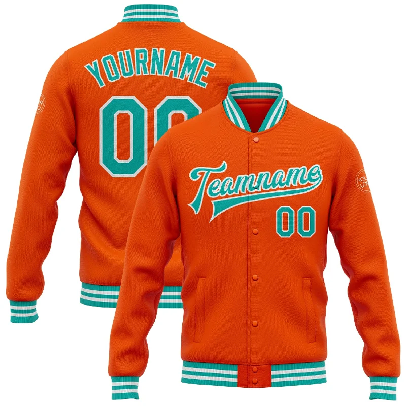 Classic Peacoat Jacket for Elegant Style-Custom Orange Aqua-White Bomber Full-Snap Varsity Letterman Jacket