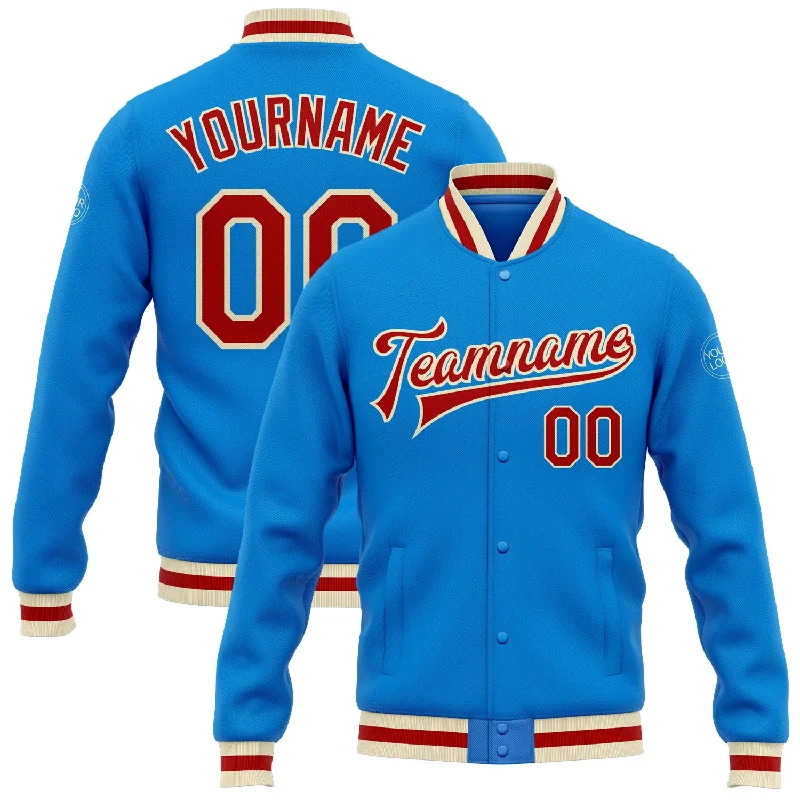 Classic Wool Coat Jacket for Timeless Style-Custom Powder Blue Red-Cream Bomber Full-Snap Varsity Letterman Jacket