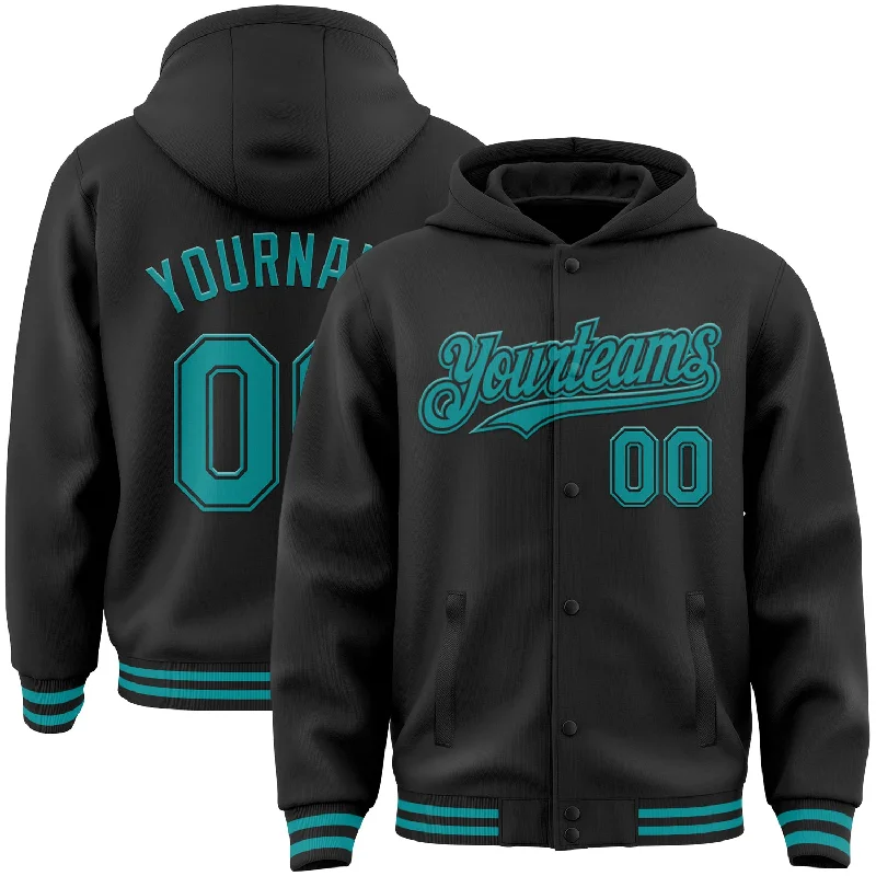 Stylish Hoodie for Daily Errands-Custom Black Teal Bomber Full-Snap Varsity Letterman Hoodie Jacket