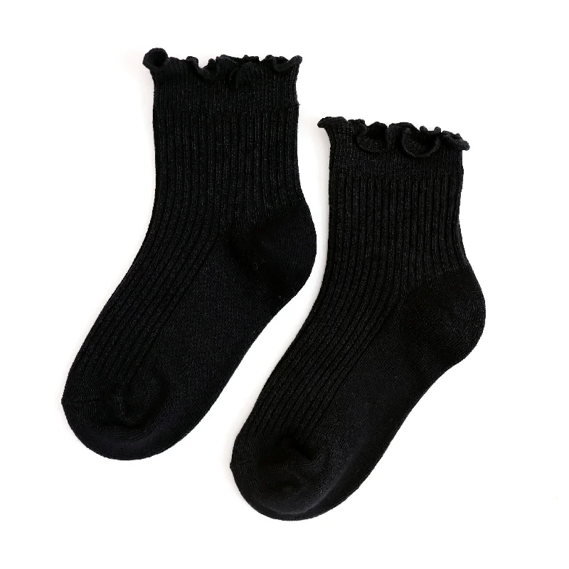 Breathable Summer Socks for Hot Climates-Ribbed Lettuce Trim Midi Socks - Black