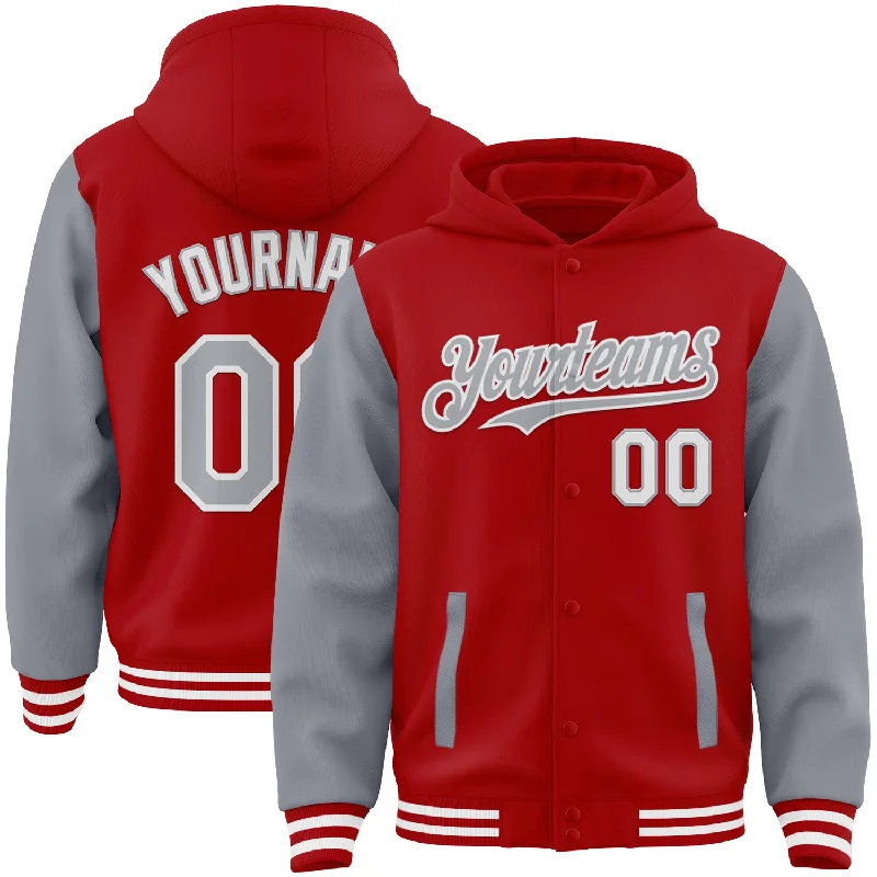 Trendy Pullover Hoodie for Effortless Style-Custom Red Gray-White Bomber Full-Snap Varsity Letterman Two Tone Hoodie Jacket