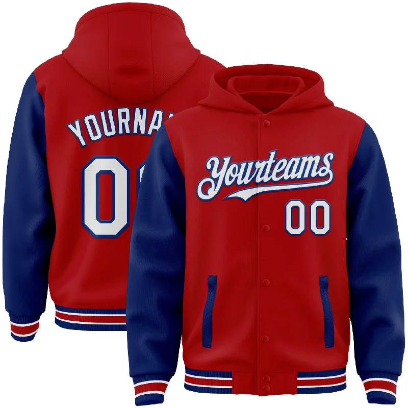 Premium Hoodie for Superior Softness-Custom Red White-Royal Bomber Full-Snap Varsity Letterman Two Tone Hoodie Jacket