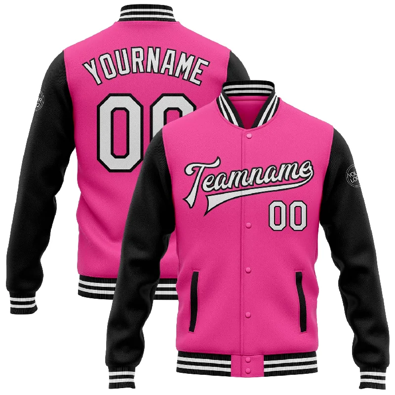 Stylish Rain Jacket for Wet Weather-Custom Pink White-Black Bomber Full-Snap Varsity Letterman Two Tone Jacket