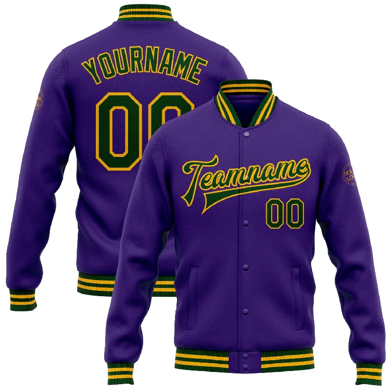 Classic Denim Jacket for Timeless Appeal-Custom Purple Green-Gold Bomber Full-Snap Varsity Letterman Jacket