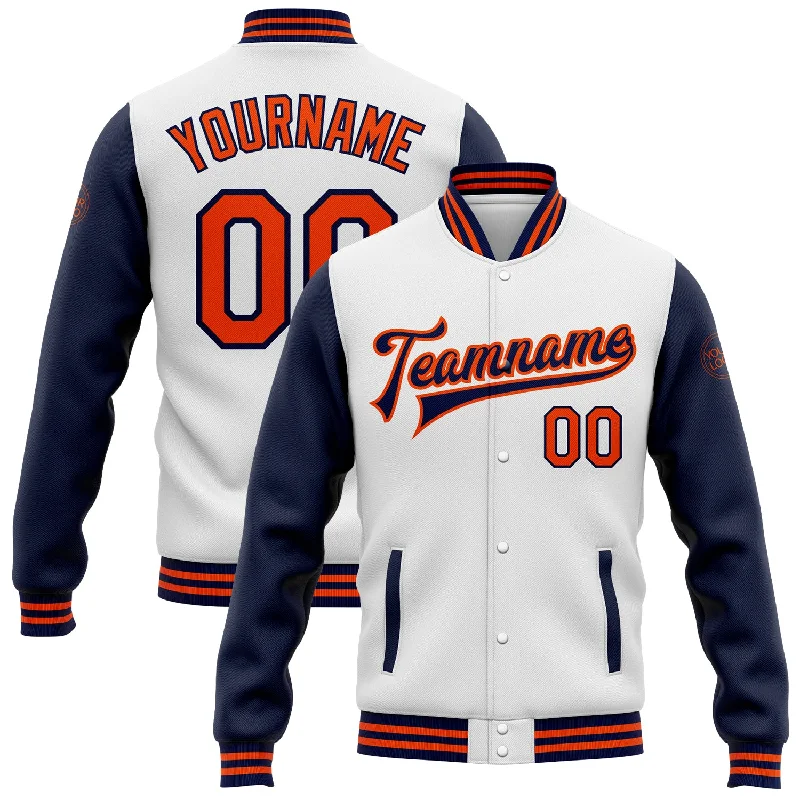 Waterproof Running Jacket for Active Days-Custom White Orange-Navy Bomber Full-Snap Varsity Letterman Two Tone Jacket