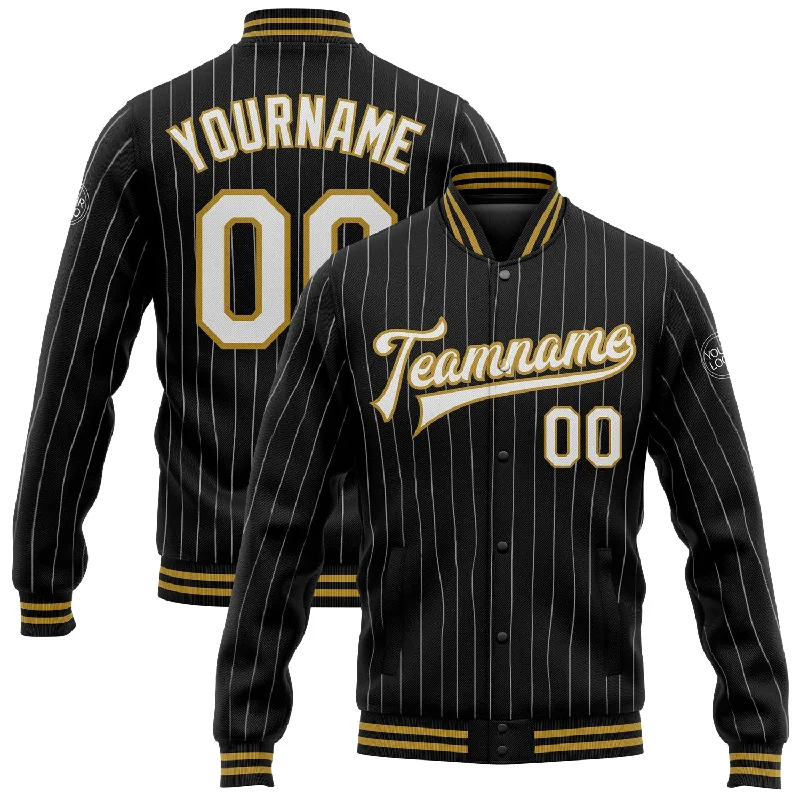 Performance Zip-Up Jacket for Running or Cycling-Custom Black White Pinstripe Old Gold Bomber Full-Snap Varsity Letterman Jacket