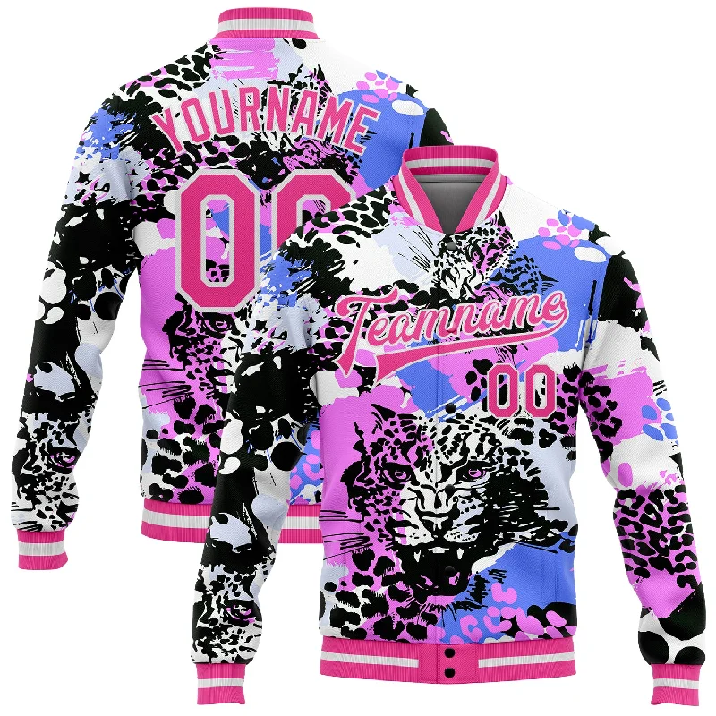 Relaxed Fit Denim Jacket for Casual Looks-Custom Black Pink-White Leopard 3D Pattern Design Bomber Full-Snap Varsity Letterman Jacket