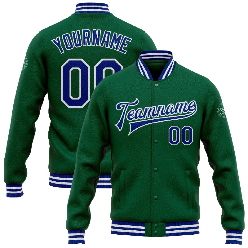 Light Windproof Jacket for Outdoor Adventures-Custom Kelly Green Royal-White Bomber Full-Snap Varsity Letterman Jacket