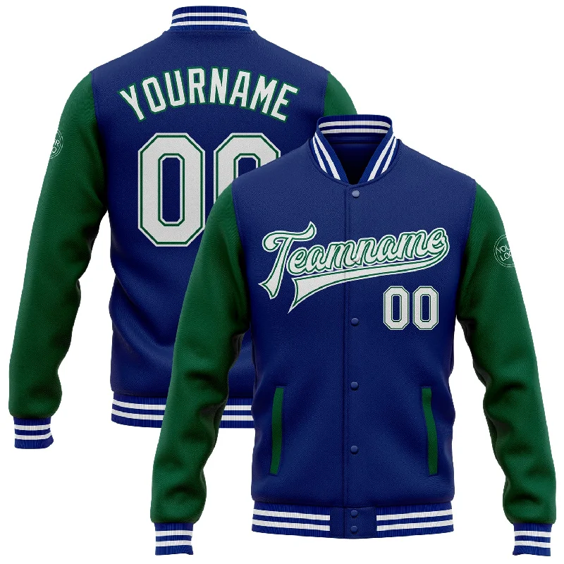 Waterproof Jacket for Outdoor Exploration-Custom Royal White-Kelly Green Bomber Full-Snap Varsity Letterman Two Tone Jacket