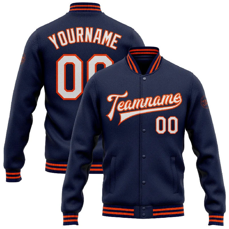 Stylish Leather Jacket for Bold Fashion-Custom Navy White-Orange Bomber Full-Snap Varsity Letterman Jacket