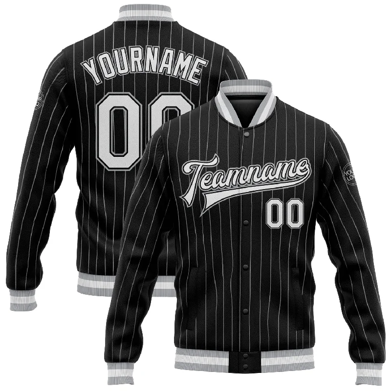 Classic Double-Breasted Trench Coat Jacket-Custom Black White Pinstripe Gray Bomber Full-Snap Varsity Letterman Jacket