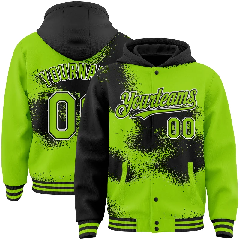 Warm Hoodie for Snowy Days-Custom Neon Green Black-White Abstract Color Blocks Fragment Art 3D Pattern Design Bomber Full-Snap Varsity Letterman Hoodie Jacket