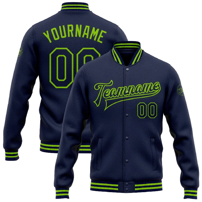 Trendy Zip-Up Jacket for Casual Styling-Custom Navy Neon Green Bomber Full-Snap Varsity Letterman Jacket