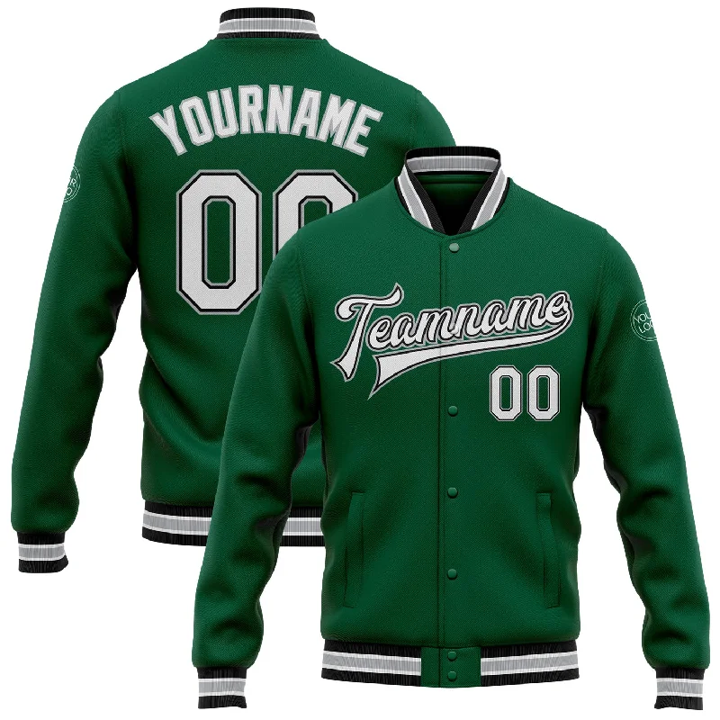 Athletic Wear Jacket for Running and Jogging-Custom Kelly Green White Black-Gray Bomber Full-Snap Varsity Letterman Jacket