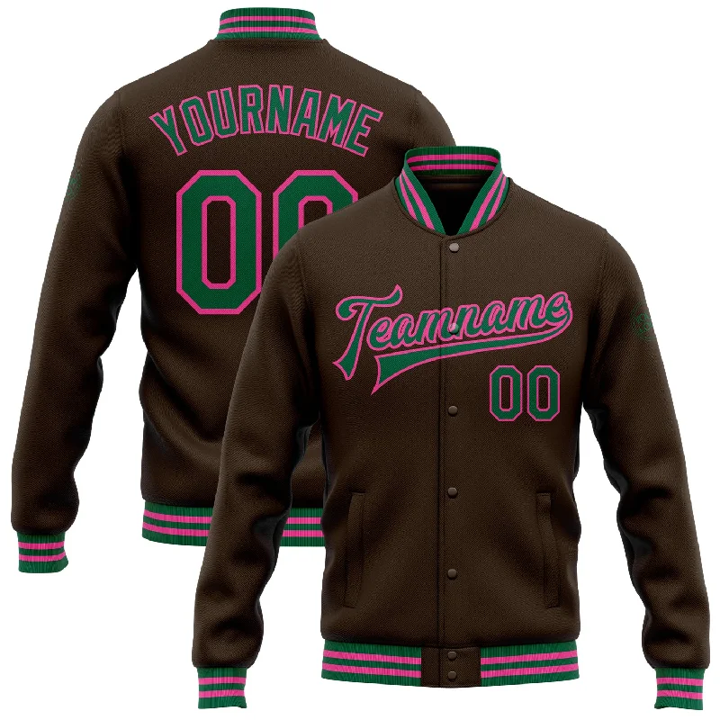 Sporty Track Jacket for Active Living-Custom Brown Kelly Green-Pink Bomber Full-Snap Varsity Letterman Jacket