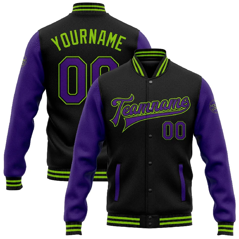 Elegant Wool Blazer Jacket for Professional Looks-Custom Black Purple-Neon Green Bomber Full-Snap Varsity Letterman Two Tone Jacket