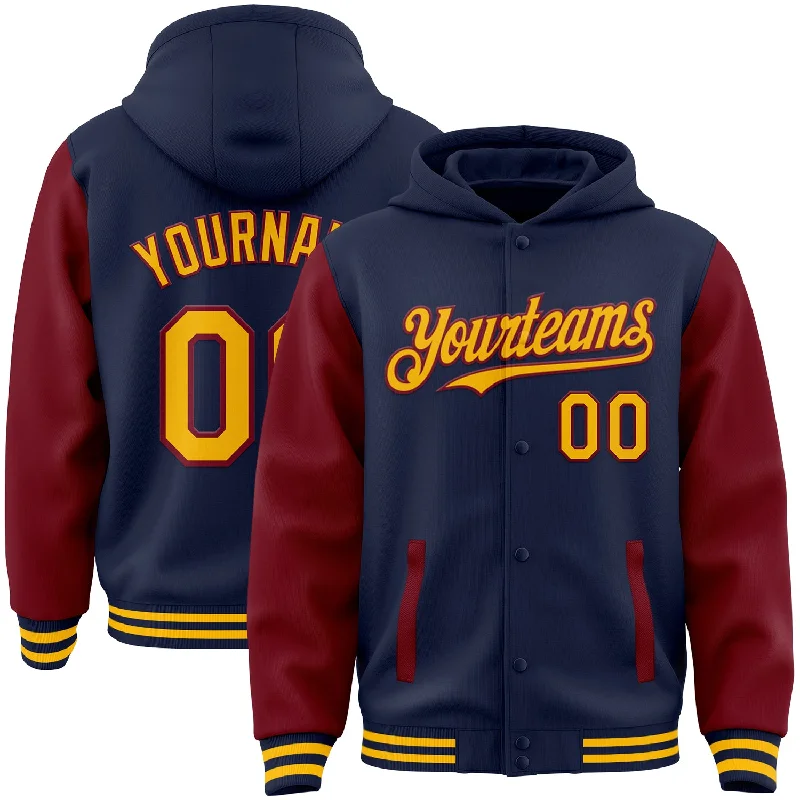 Trendy Hoodie for Streetwear Enthusiasts-Custom Navy Gold-Crimson Bomber Full-Snap Varsity Letterman Two Tone Hoodie Jacket