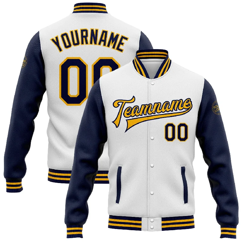 Classic Denim Jacket for Timeless Appeal-Custom White Navy-Gold Bomber Full-Snap Varsity Letterman Two Tone Jacket