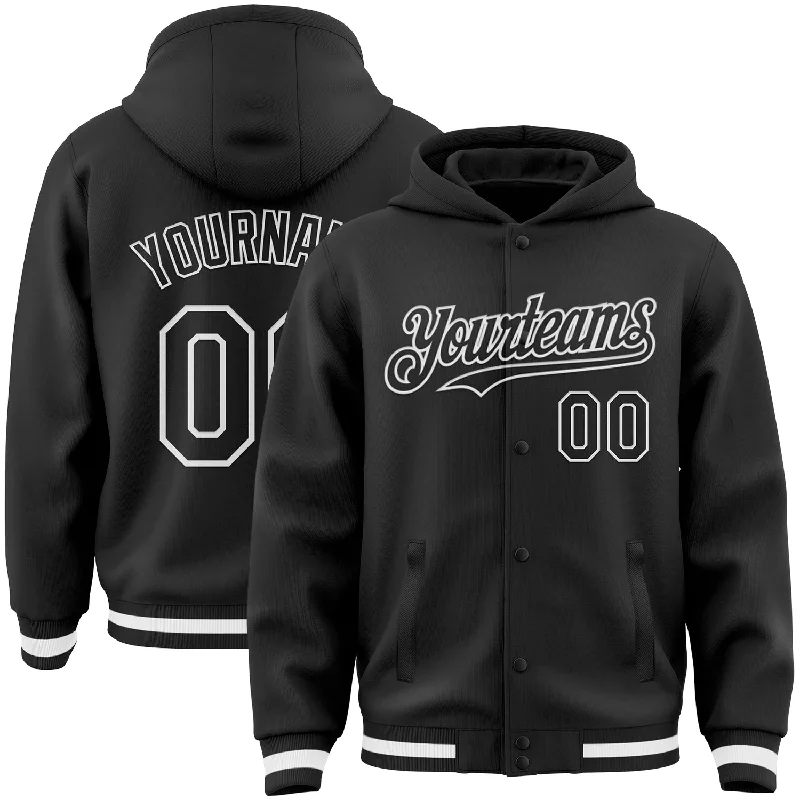 Classic Black Hoodie for Timeless Fashion-Custom Black White Bomber Full-Snap Varsity Letterman Hoodie Jacket