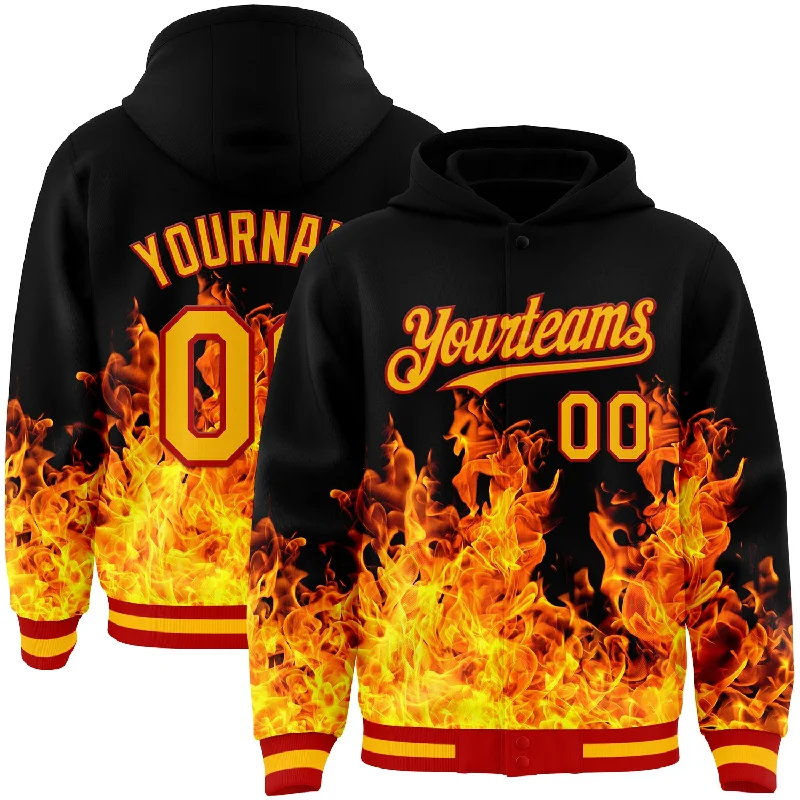 Comfortable Hoodie for Casual Evenings-Custom Black Gold-Red Flame 3D Pattern Design Bomber Full-Snap Varsity Letterman Hoodie Jacket