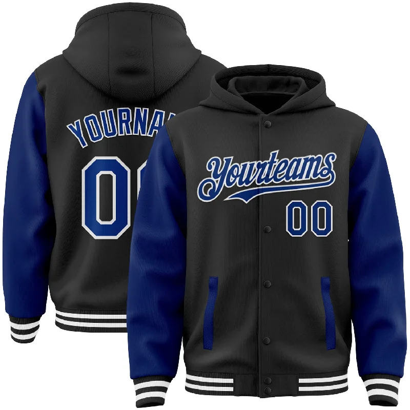 Fashionable Hoodie for Going Out-Custom Black Royal-White Bomber Full-Snap Varsity Letterman Two Tone Hoodie Jacket