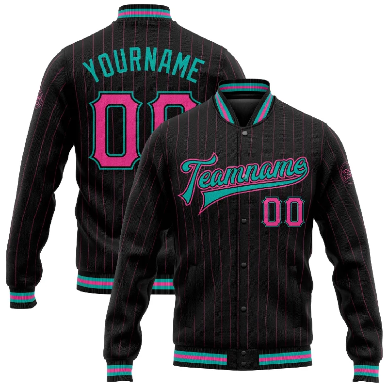 Comfortable Everyday Fleece Jacket for Casual Wear-Custom Black Pink Pinstripe Aqua Bomber Full-Snap Varsity Letterman Jacket