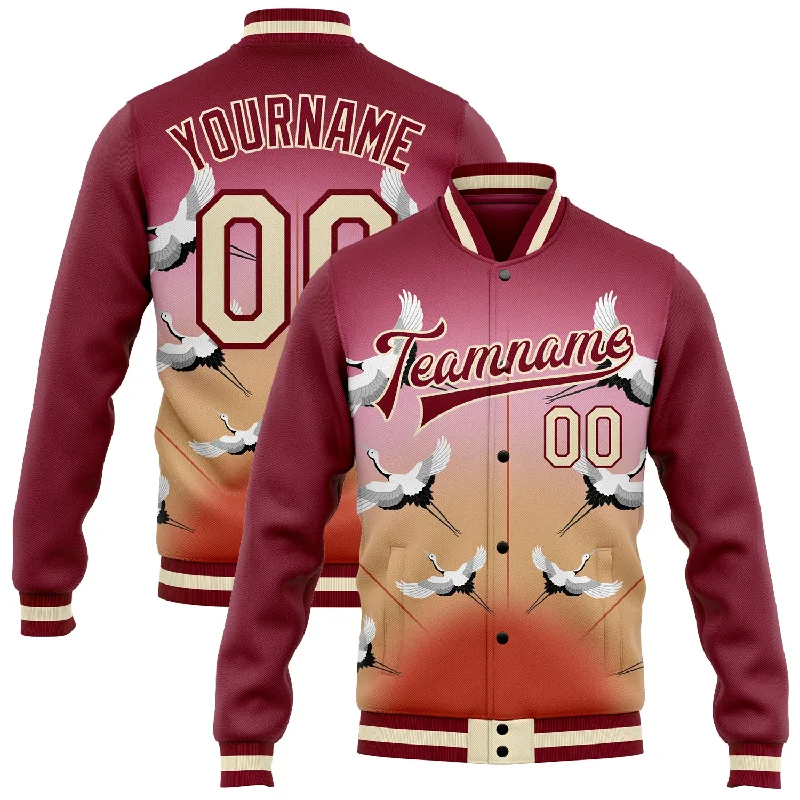 Cozy Quilted Jacket for Fall and Winter-Custom Maroon Cream Heron 3D Pattern Design Bomber Full-Snap Varsity Letterman Jacket