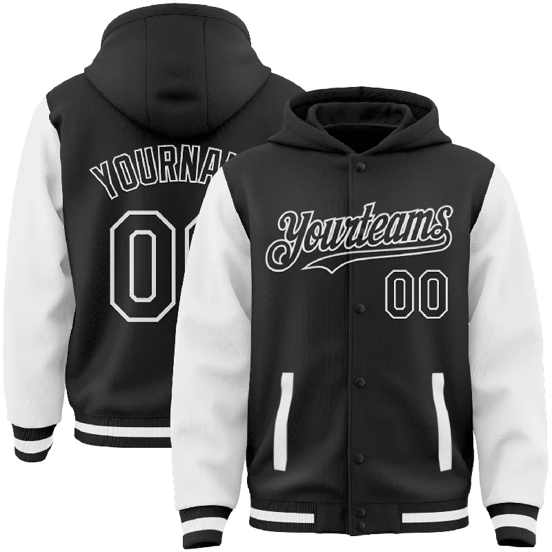 Soft Cotton Hoodie for Everyday Wear-Custom Black White Bomber Full-Snap Varsity Letterman Two Tone Hoodie Jacket