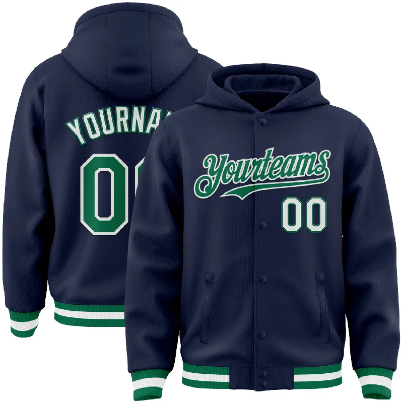 Versatile Hoodie for Layering Year-Round-Custom Navy Kelly Green-White Bomber Full-Snap Varsity Letterman Hoodie Jacket