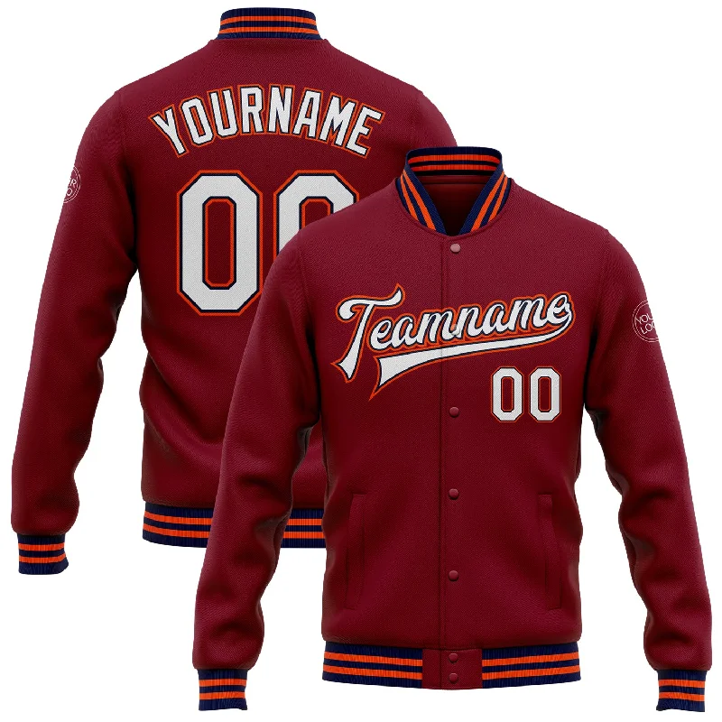 Fashionable Outdoor Jacket for Adventure Lovers-Custom Crimson White Navy-Orange Bomber Full-Snap Varsity Letterman Jacket