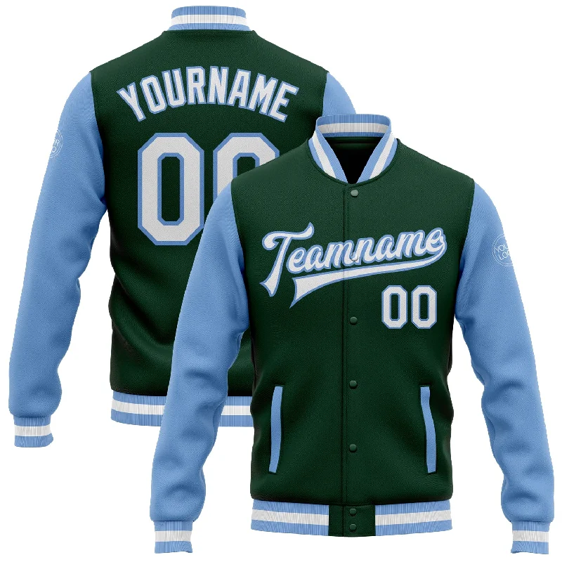 Warm Parka Jacket with Faux Fur Trim for Winter-Custom Green White-Light Blue Bomber Full-Snap Varsity Letterman Two Tone Jacket