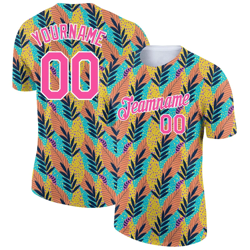 Lightweight T-Shirt for Warm Weather-Custom White Pink 3D Pattern Design Tropical Palm Leaf Performance T-Shirt