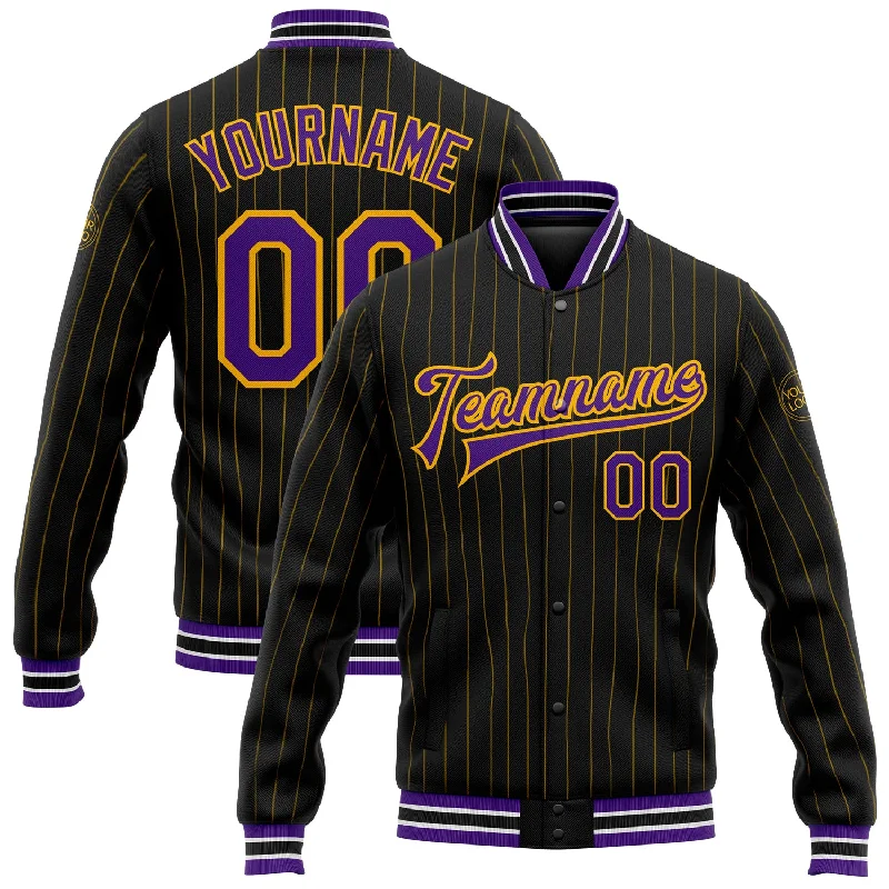 Trendy Velvet Jacket for Elegant Winter Fashion-Custom Black Gold Pinstripe Purple-White Bomber Full-Snap Varsity Letterman Jacket