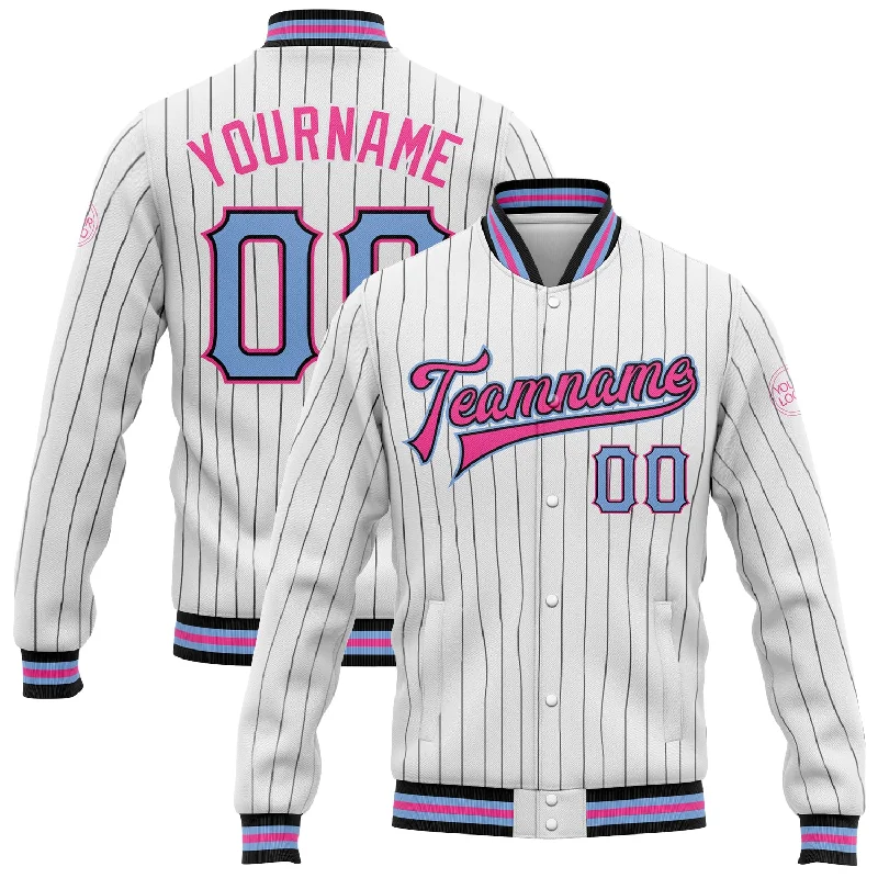 Lightweight Soft-Shell Windbreaker for Sports-Custom White Black Pinstripe Light Blue-Pink Bomber Full-Snap Varsity Letterman Jacket