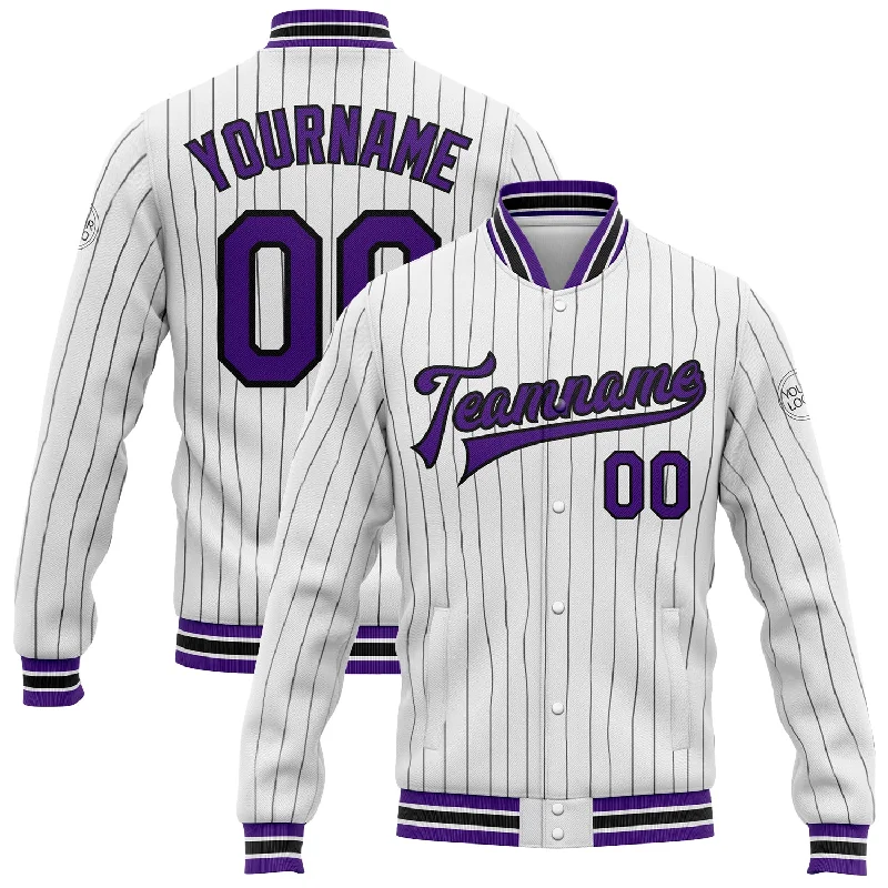 Relaxed Fit Canvas Jacket for Easy Days-Custom White Black Pinstripe Purple Bomber Full-Snap Varsity Letterman Jacket