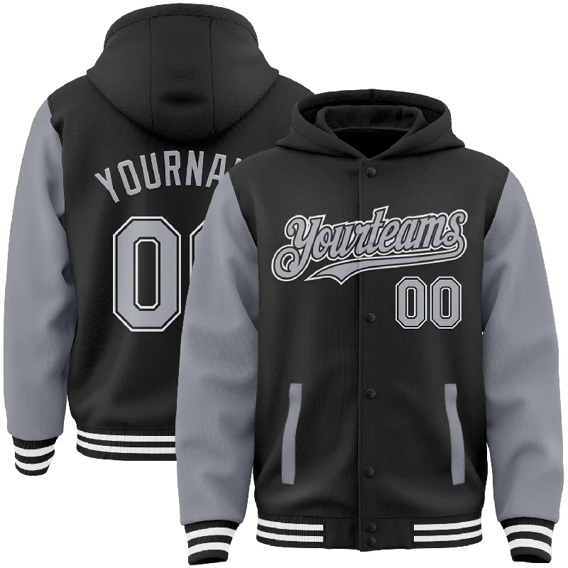 Cozy Hoodie for Every Season-Custom Black Gray-White Bomber Full-Snap Varsity Letterman Two Tone Hoodie Jacket