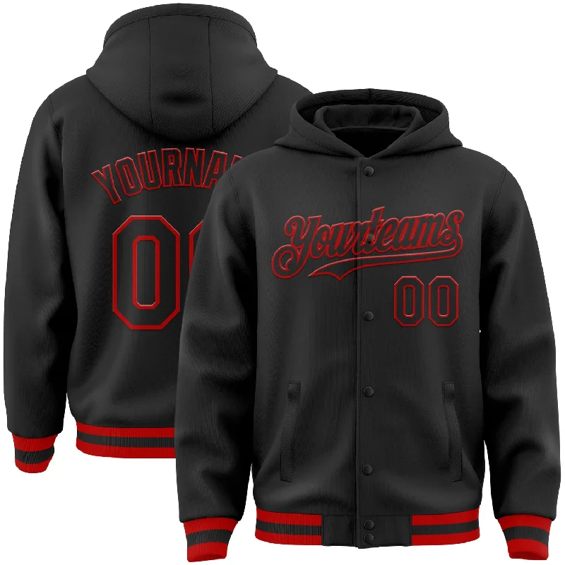 Eco-Friendly Hoodie for Sustainable Fashion-Custom Black Red Bomber Full-Snap Varsity Letterman Hoodie Jacket