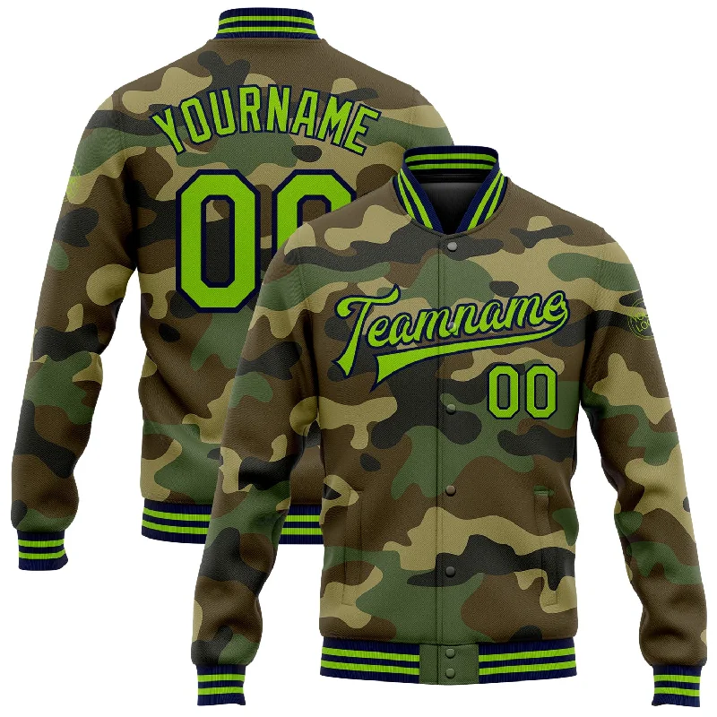 Warm Faux Leather Jacket for Fall and Winter-Custom Camo Neon Green-Navy Bomber Full-Snap Varsity Letterman Salute To Service Jacket