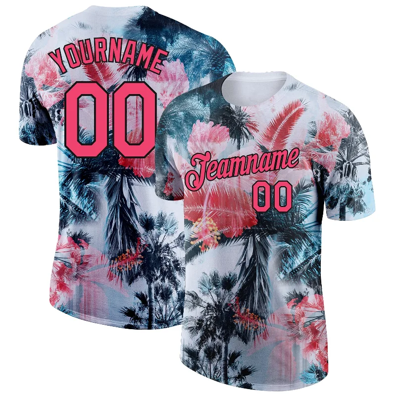 Soft Jersey T-Shirt for All-Day Comfort-Custom White Neon Pink-Black 3D Pattern Design Hawaii Palm Trees Performance T-Shirt