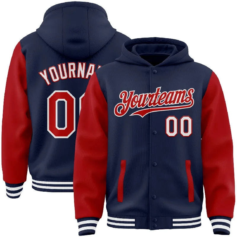 Classic Black Hoodie for Timeless Fashion-Custom Navy Red-White Bomber Full-Snap Varsity Letterman Two Tone Hoodie Jacket