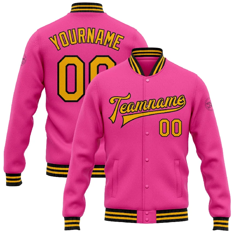 Versatile Soft Shell Jacket for Outdoor Sports-Custom Pink Gold-Black Bomber Full-Snap Varsity Letterman Jacket