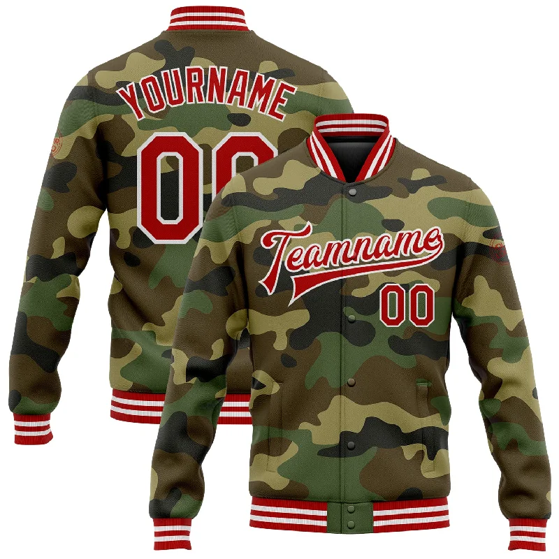 Trendy Hooded Puffer Jacket for Winter Fashion-Custom Camo Red-White Bomber Full-Snap Varsity Letterman Salute To Service Jacket