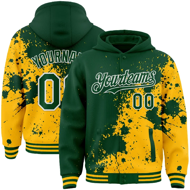 Hoodie with Adjustable Drawstrings for Perfect Fit-Custom Green Gold-White Abstract Splash Grunge Art 3D Pattern Design Bomber Full-Snap Varsity Letterman Hoodie Jacket