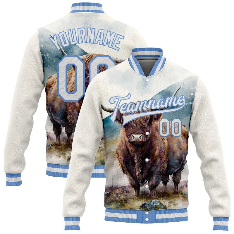 Stylish Quilted Coat Jacket for Fall Fashion-Custom White Light Blue A Bull In Tropical Exotic Jungle 3D Pattern Design Bomber Full-Snap Varsity Letterman Jacket