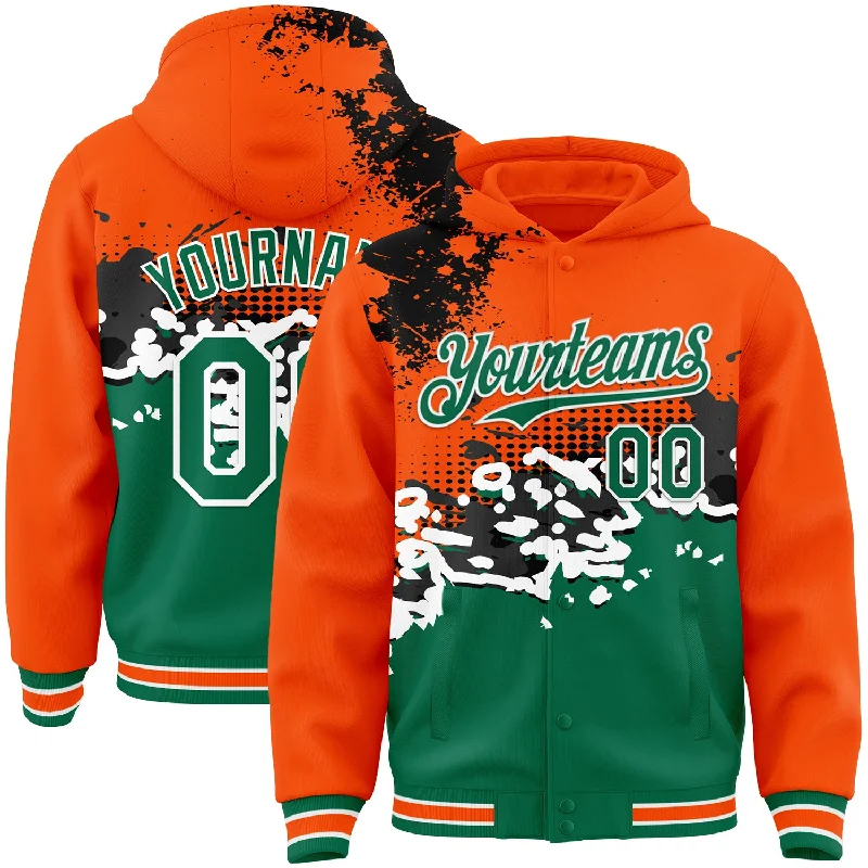 Soft French Terry Hoodie for Gentle Touch-Custom Orange Kelly Green-Black Abstract Splash Grunge Art 3D Pattern Design Bomber Full-Snap Varsity Letterman Hoodie Jacket