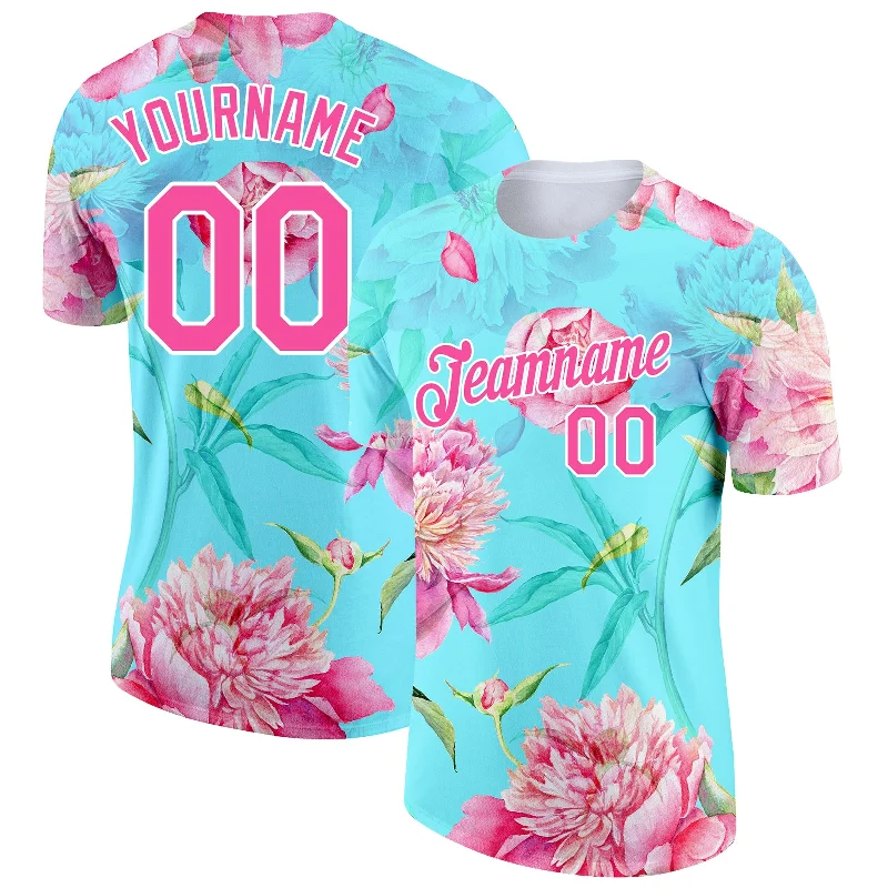 Soft and Stretchable T-Shirt for Perfect Fit-Custom Aqua Pink-White 3D Pattern Design Flowers Performance T-Shirt