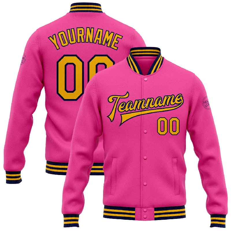 Sporty Active Jacket for Fitness Enthusiasts-Custom Pink Gold-Navy Bomber Full-Snap Varsity Letterman Jacket