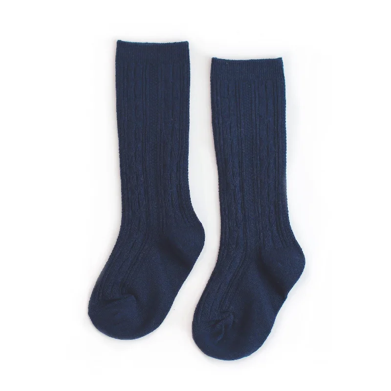 Stylish Crew Socks for Casual Looks-Navy Cable Knit Knee High Socks