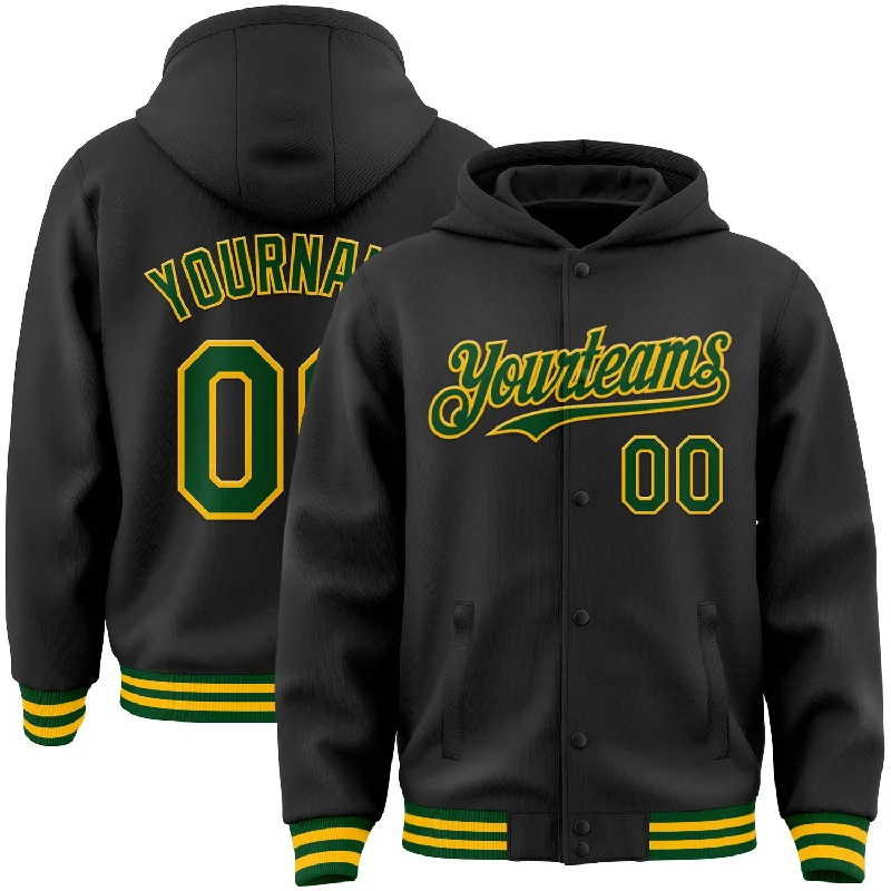 Cozy Hoodie for Cold Winter Days-Custom Black Green-Gold Bomber Full-Snap Varsity Letterman Hoodie Jacket